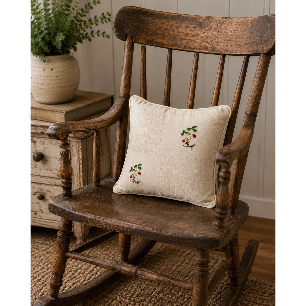 Vintage Cottagecore Embroidered Strawberry Throw Pillow 14" Ivory Brown Velvet